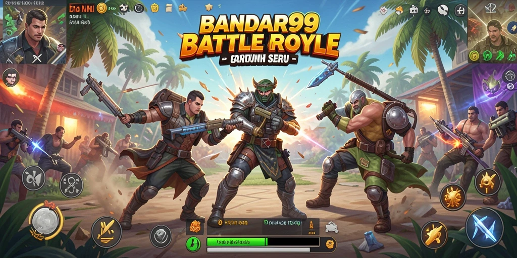 Tangkapan layar gameplay BANDAR99 menampilkan pertarungan epik antar pemain di arena luas.