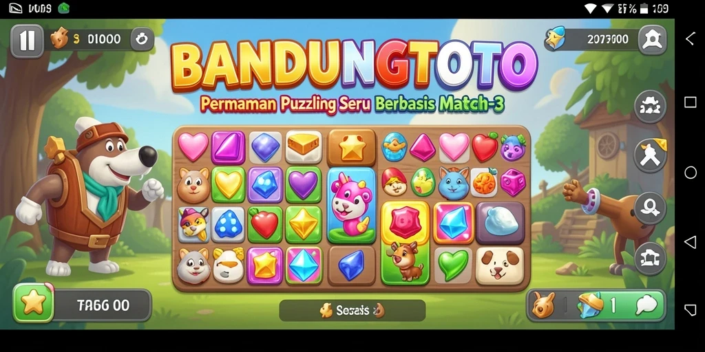 Tampilan gameplay BANDUNGTOTO dengan level Match-3 yang penuh warna.