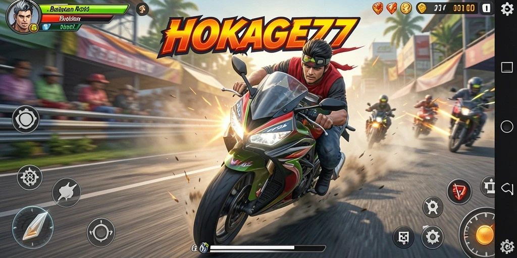 Screenshot gameplay HOKAGE77 dengan aksi balapan motor yang mendebarkan.