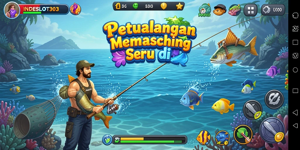 Screenshot gameplay INDESLOT303 yang menampilkan keseruan memancing di laut.