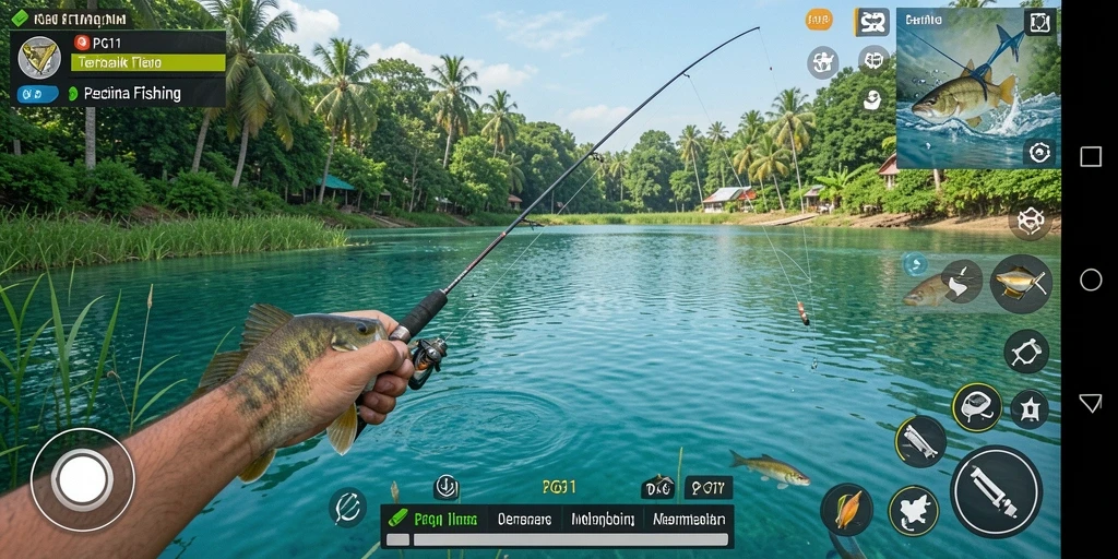 Tampilan gameplay PG11 menunjukkan momen menangkap ikan dengan efek visual yang menawan.