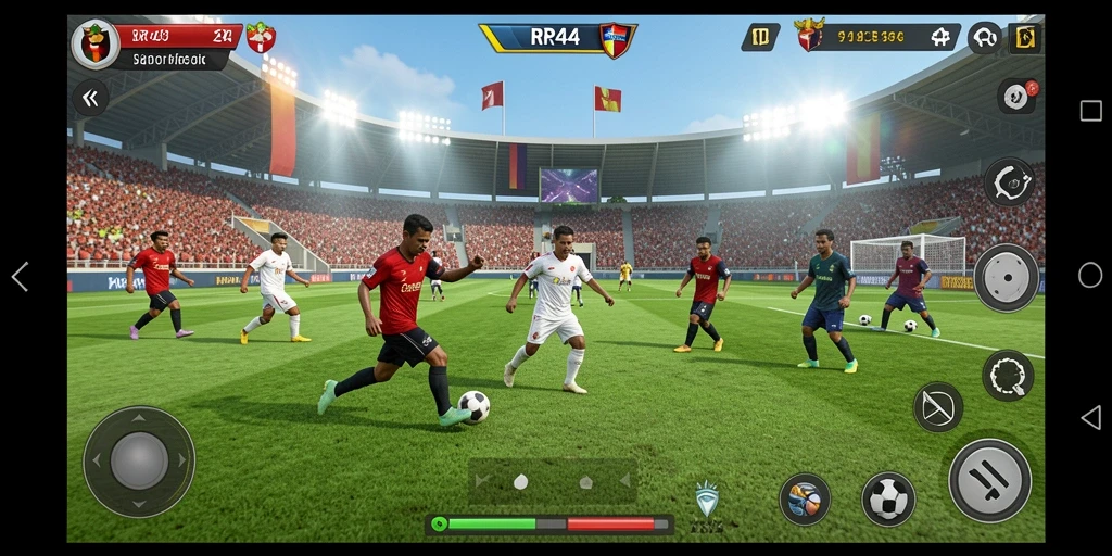 Screenshot gameplay RR44 menunjukkan aksi sepak bola yang mendebarkan.