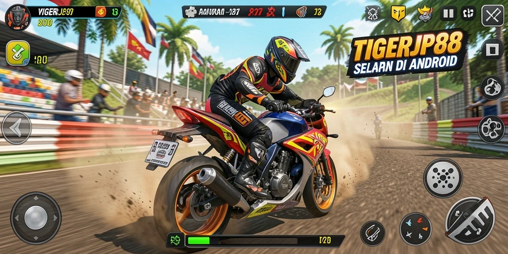 Screenshot dari gameplay seru di TIGERJP88 yang menunjukkan aksi balapan motor.