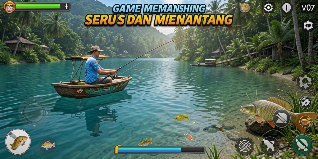 Screenshot utama V07 menampilkan gameplay memancing yang seru dan menarik.